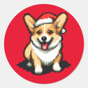 Sticker Rond Corgi de Noël mignonne à Santa hat Pixel art