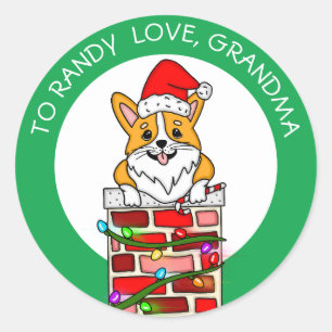 Sticker Rond Corgi de Noël personnalisé - Tags Cadeau - De et v