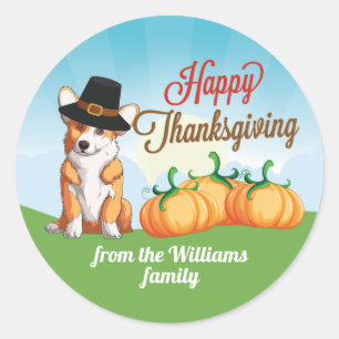 Sticker Rond Corgi de Thanksgiving mignonne en Casquette pèleri
