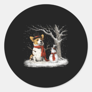 Sticker Rond Corgi Drôle de Chien Dans L'Arbre de Noël en Neige