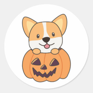 Sticker Rond Corgi En Chiens Citrouille Cute Happy Halloween Cl