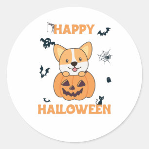 Sticker Rond Corgi En Chiens Citrouilles Cutes Joyeux Halloween