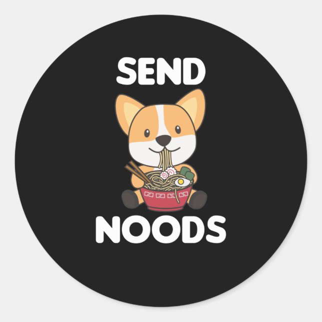 Sticker Rond Corgi Envoyer Noods Ramen Cute Kawaii Chiens (Devant)