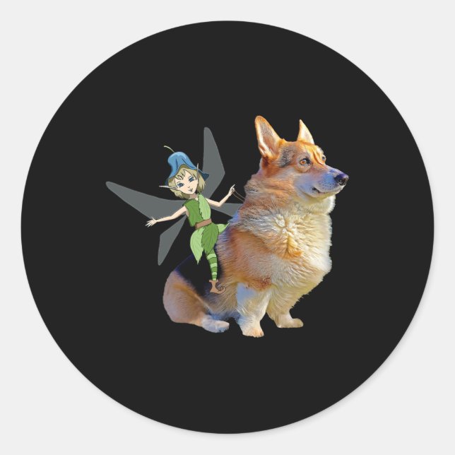 Sticker Rond Corgi & Fairy - Funny Pembroke Welsh Corgi (Devant)