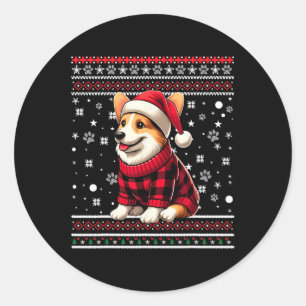 Sticker Rond Corgi Funny Ugly Buffalo Plaid Santa Hat Noël
