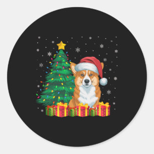 Sticker Rond Corgi gallois moche Santa Hat Feux de Noël Chien L