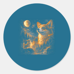 Sticker Rond Corgi hurlant à la lune vintage rétro années 90 an