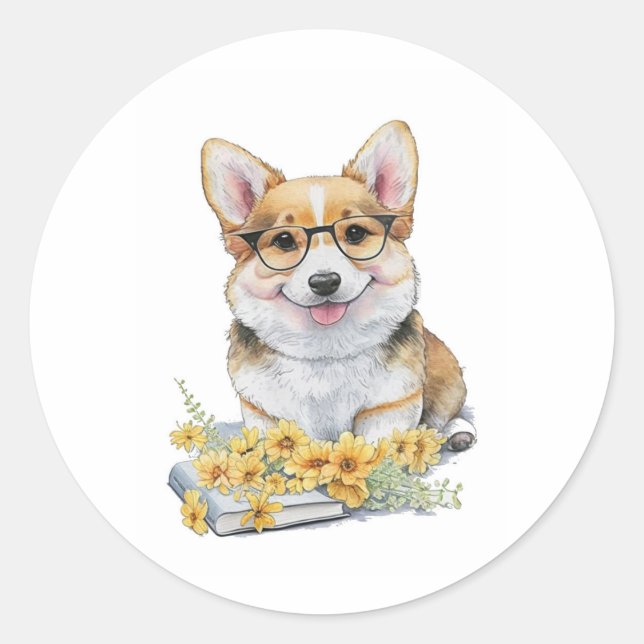 Sticker Rond Corgi Livres Fleurs (Devant)