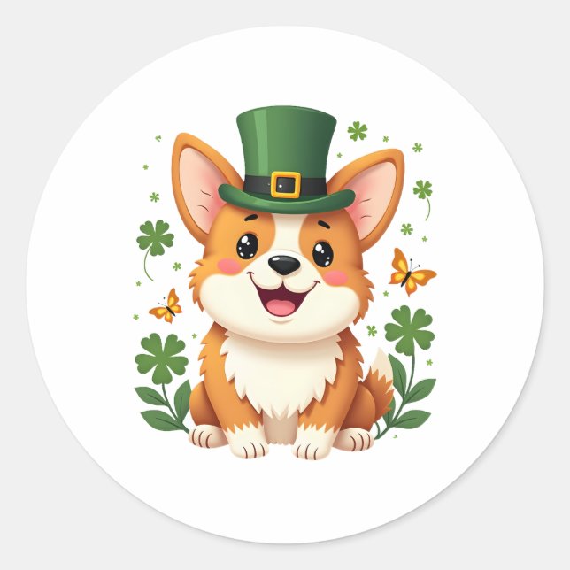 Sticker Rond Corgi Lover Shamrock Jour de la Saint Patrick heur (Devant)