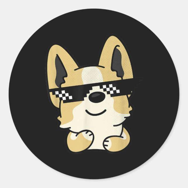 Sticker Rond Corgi Mème Pixel Lunettes de soleil mignon chien (Devant)