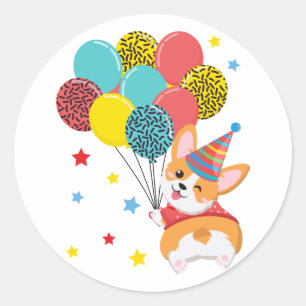 Sticker Rond Corgi mignonne avec ballons Étoiles Casquettes Ann