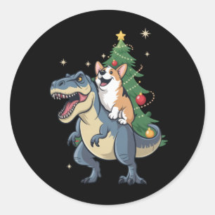 Sticker Rond Corgi Noël Dinosaure Arbre Rex Vacances Xmas 