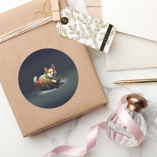 Sticker Rond Corgi Noël neige hiver (Cadeaux)