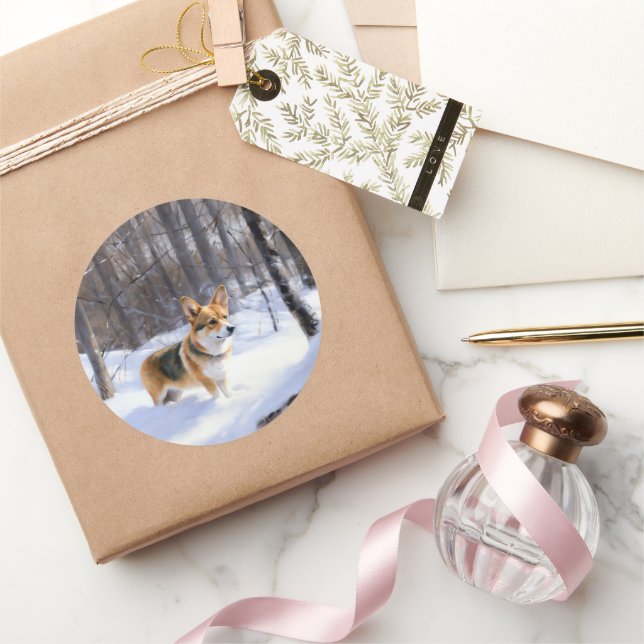 Sticker Rond Corgi Noël sous la neige (Cadeaux)