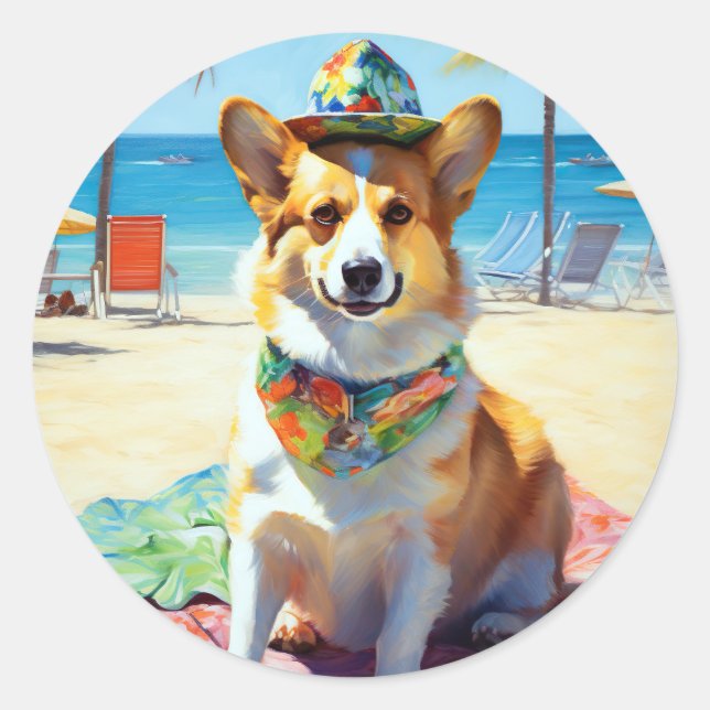 Sticker Rond Corgi on Beach, cadeau d'été pour les amoureux de  (Devant)