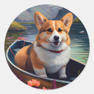 Sticker Rond Corgi sur une pagaie : une aventure Pittoresque