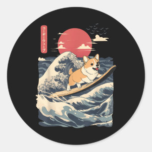 Sticker Rond Corgi surf vague japonaise