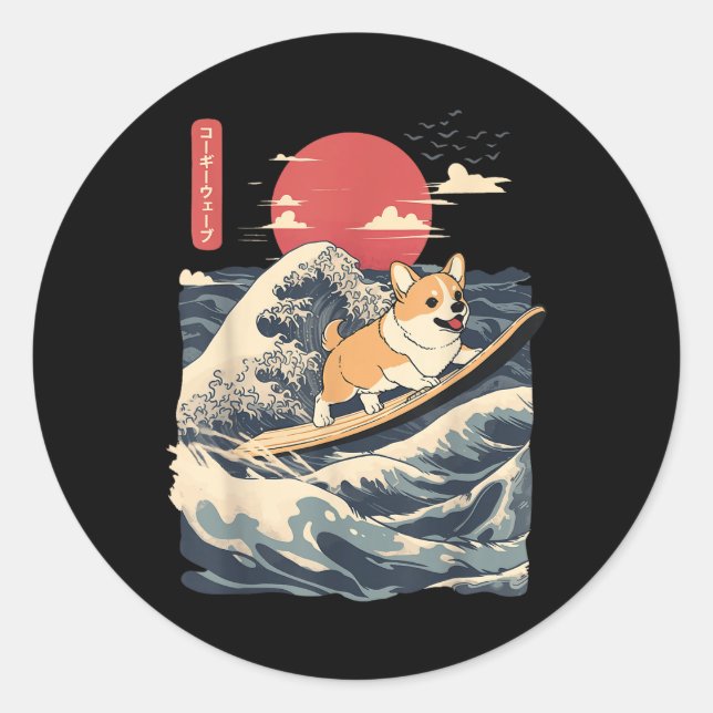 Sticker Rond Corgi surf vague japonaise (Devant)