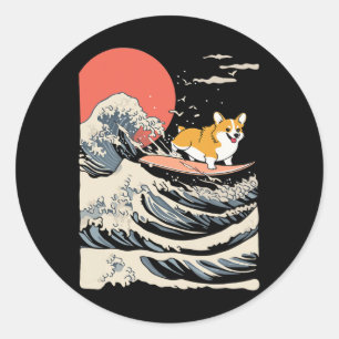 Sticker Rond Corgi surfant sur une vague japonaise _3