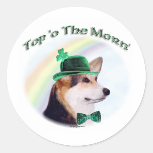 Sticker Rond Corgi Top of the Morn'; Corgi St. Patrick's day