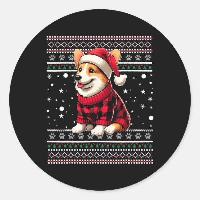 Sticker Rond Corgi Ugly Funny Santa Hat Buffalo Plaid Noël (Devant)