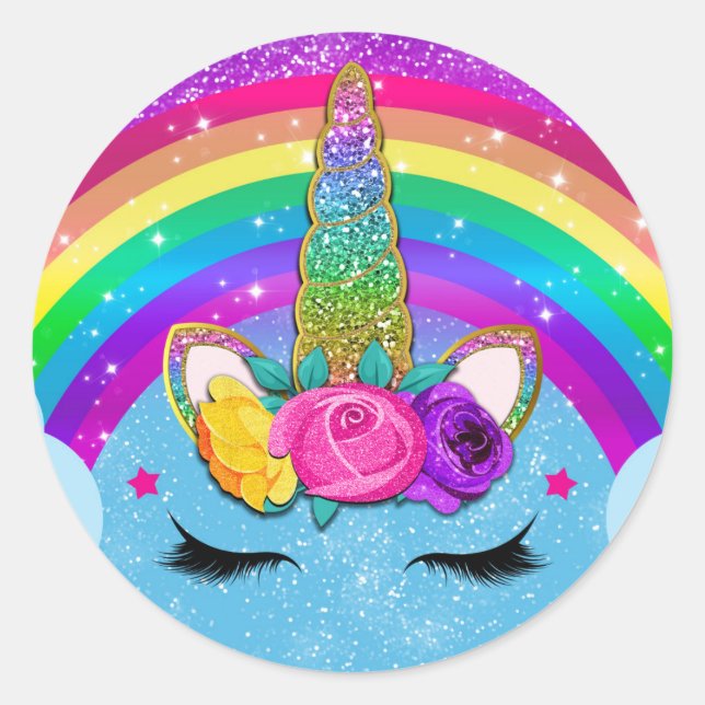 Sticker Rond Corne de Licorne Pailletée et Scintillante Arc-en- (Devant)