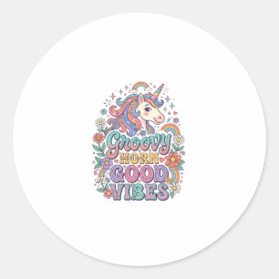 Sticker Rond Corne Groovy Licorne Bonnes Vibrations Charmant PO