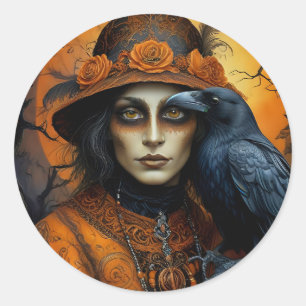 Sticker Rond Corneille éffrayante d'Halloween déguisée