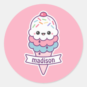 Sticker Rond Cornet de crème glacée de Kawaii
