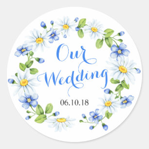 Sticker Rond Cornflower Bleu Blanc Fleur Mariage Floral