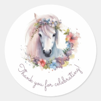 Sticker Rond Corse mignonne Fleurs de Pony Anniversaire Merci d
