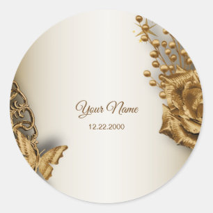 Sticker Rond Cortège de Mariage Papillon Floral Doré Vintage