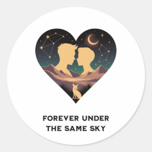 Sticker Rond Cosmic Love Story Coeur avec les amants et Fox Art