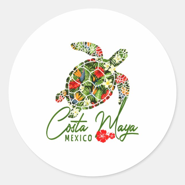 Sticker Rond Costa Maya Mexico Sea Turtle Trocal Hibiscus Vacat (Devant)