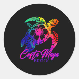 Sticker Rond Costa Maya Mexique Tie Dye Tortue de Mer Hibiscus