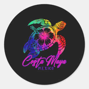 Sticker Rond Costa Maya Mexique Tie Dye Tortue de Mer Hibiscus