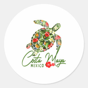 Sticker Rond Costa Maya Mexique Tortue de mer Trocal Hibiscus V