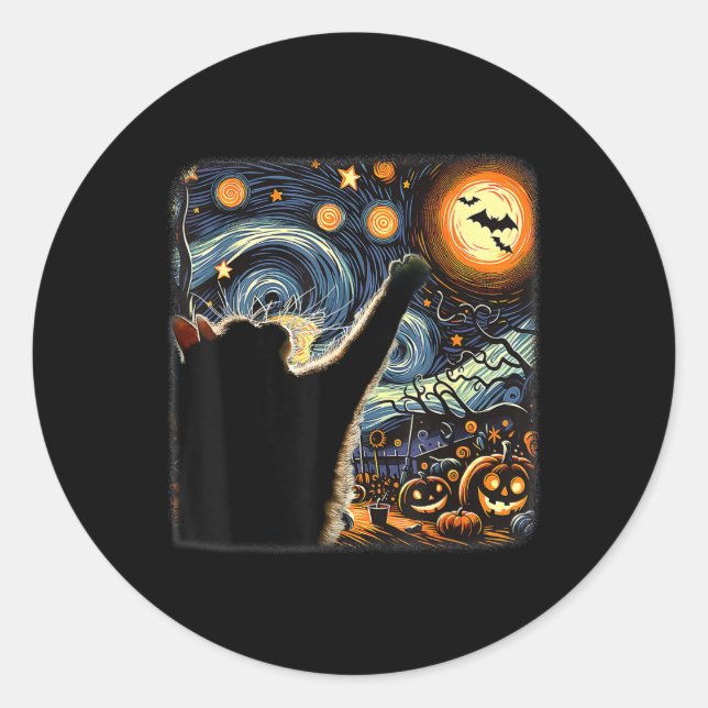 Sticker Rond Costume Chat Noir Van Gogh Starry Nuit Amusante Ch (Devant)