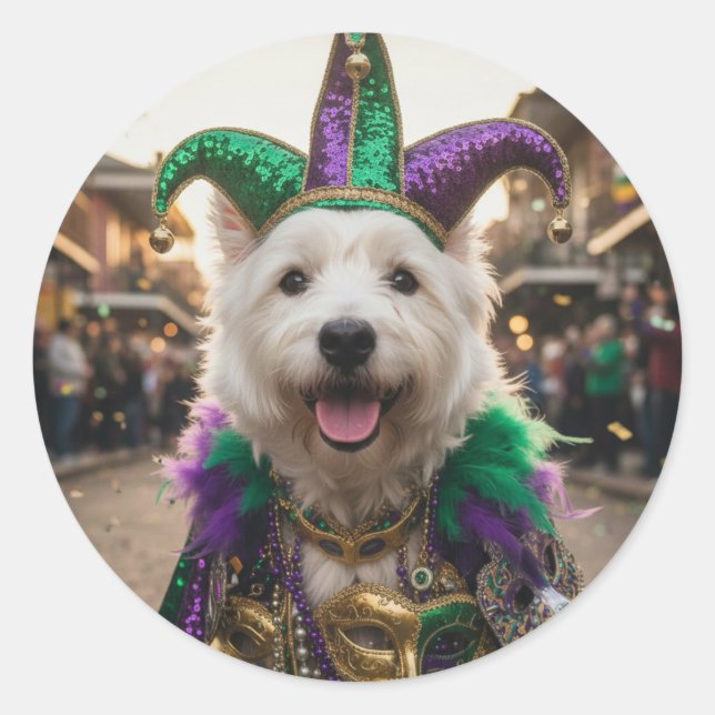 Sticker Rond Costume de chien bouffon de Mardi Gras (Devant)