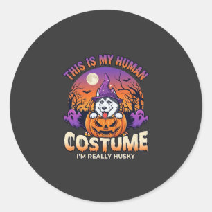 Sticker Rond Costume Humain Husky Citrouille Halloween Fantômes