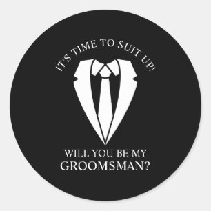 Sticker Rond Costume Mariage noir et Cravate Groomsman Proposit
