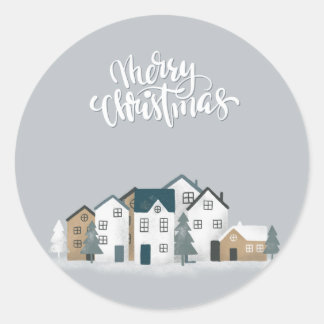 Sticker Rond Cosy bleu gris hiver dans le village nordique