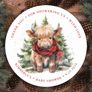 Sticker Rond Cosy Highland Cow Farm Animaux Baby shower d'hiver