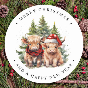 Sticker Rond Cosy Highland Cow Farm Animaux Joyeux Noël