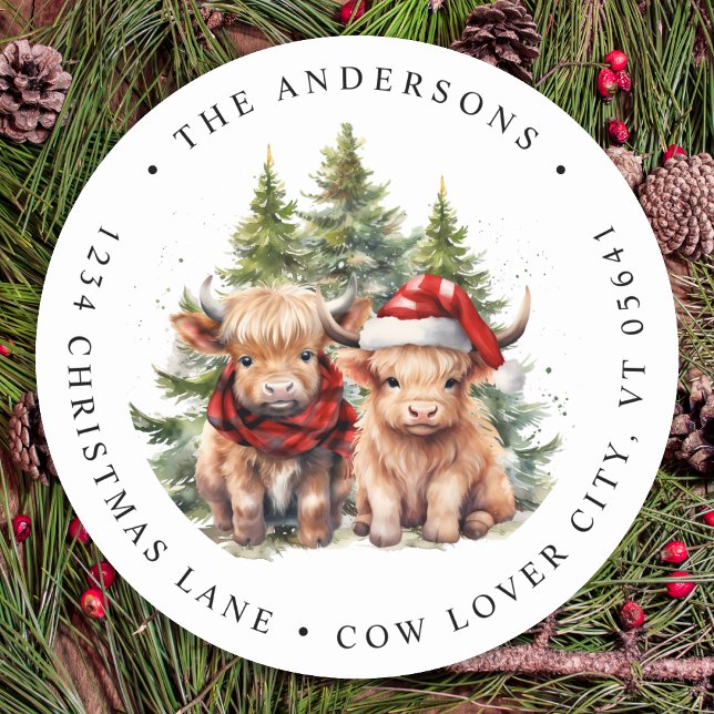 Sticker Rond Cosy Highland Cow Farm Christmas Adresse Adresse d (Créateur téléchargé)