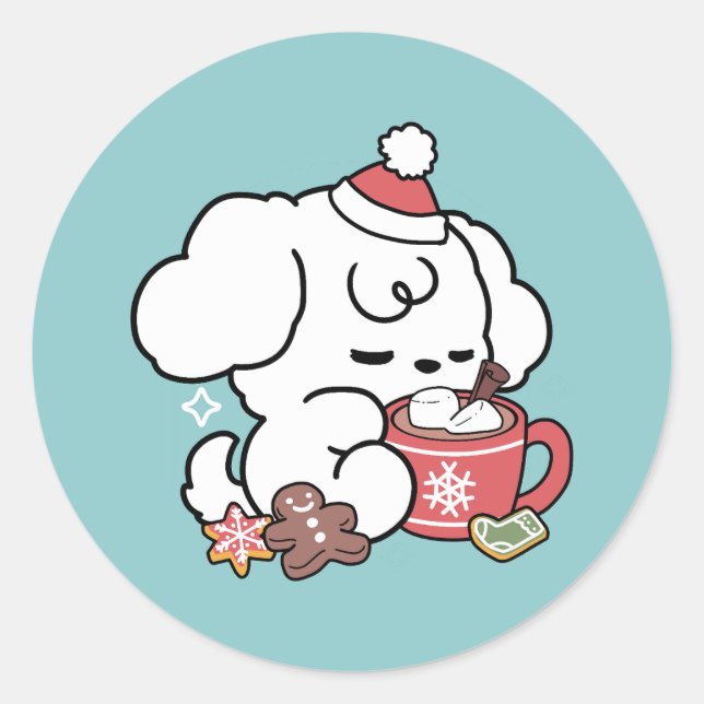 Sticker Rond Cosy Puppy Dreams - Chocolat chaud et Noël (Devant)