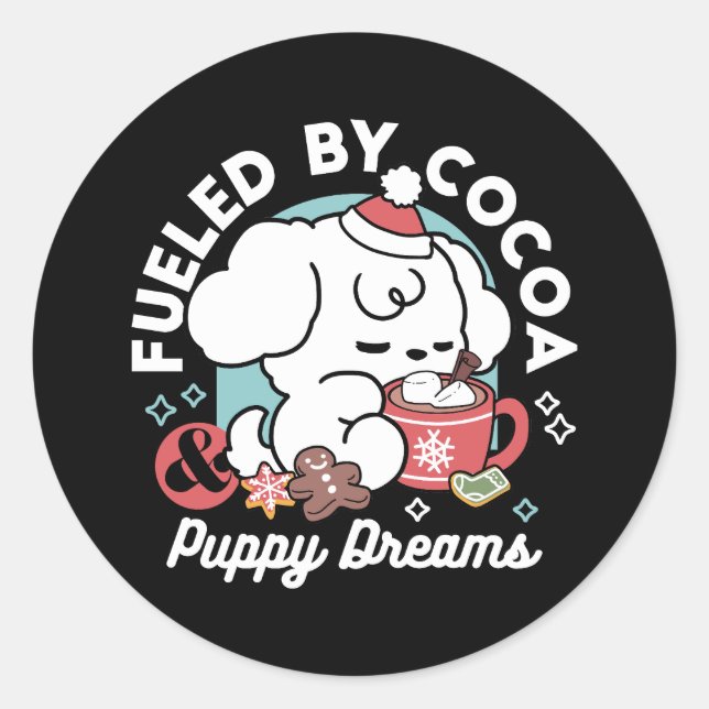Sticker Rond Cosy Puppy Dreams - Chocolat chaud et Noël (Devant)
