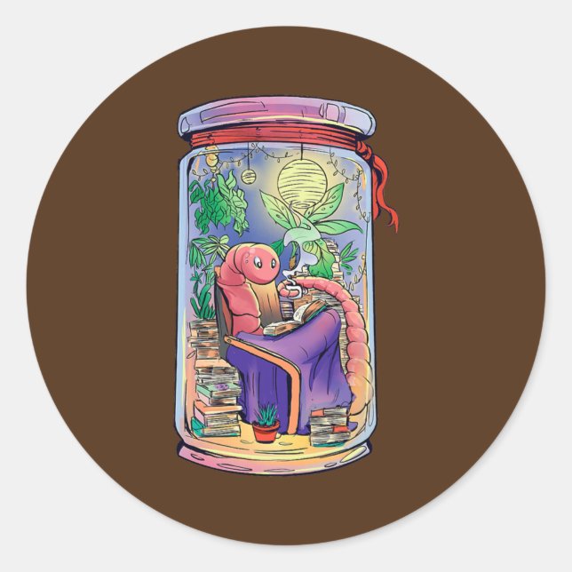 Sticker Rond Cosy Worm Lecture Livres Jar Home Chill (Devant)