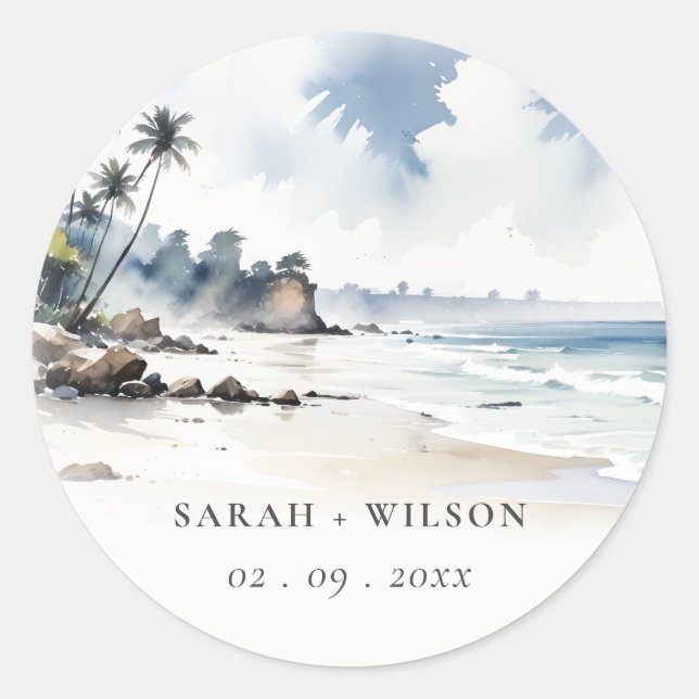 Sticker Rond Côte Bali Beach Palm Tree Mariage d'aquarelle (Devant)