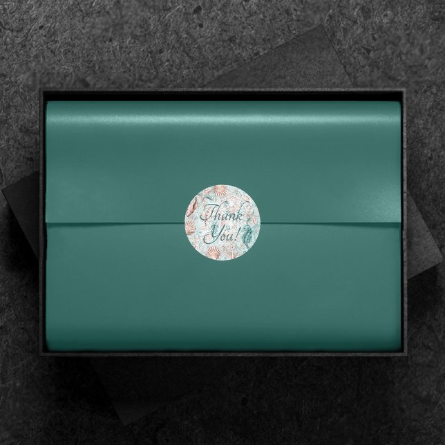 Sticker Rond Côté Chic | Vert sarcelle et récif de corail Merci (Créateur téléchargé)